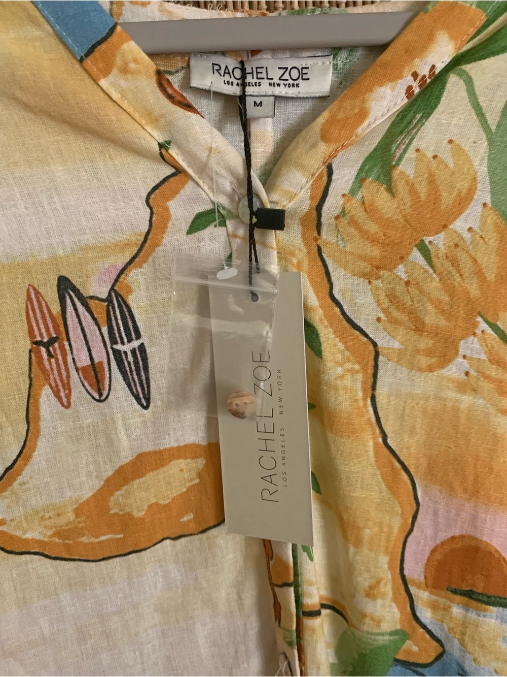 Linen Blend Tropical Button Front Shirt in Mustard Green & Blue